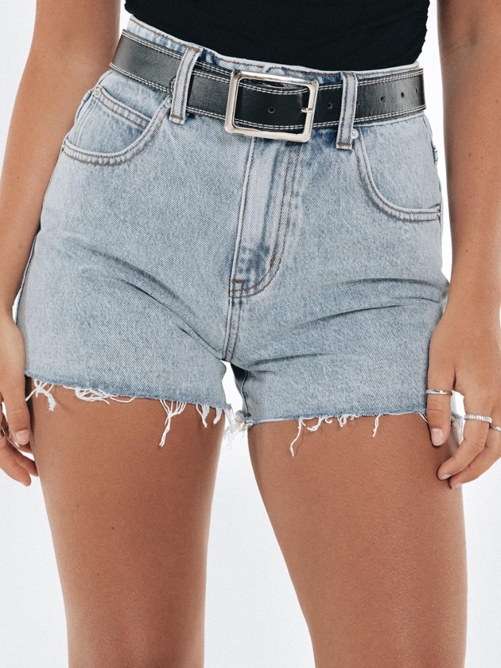 Princess Polly High Waisted Denim Shorts  Raw Hem Size 6